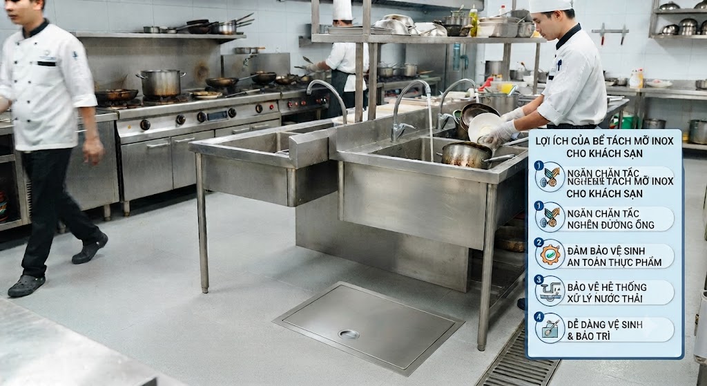 Lợi ích của bể tách mỡ inox cho bệnh viện trong khu bếp tập thể.