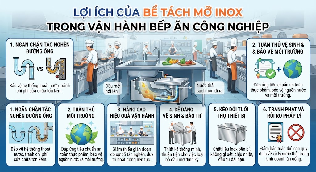 Lợi ích của bể tách mỡ inox cho bếp ăn công nghiệp trong vận hành khu bếp tập thể.