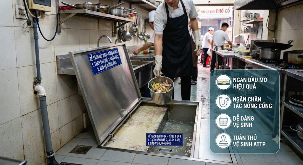 Lợi ích của bể tách mỡ inox cho nhà hàng trong quá trình vận hành khu bếp.