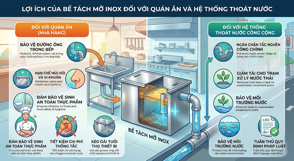 Lợi ích của bể tách mỡ inox trong khu bếp quán ăn.