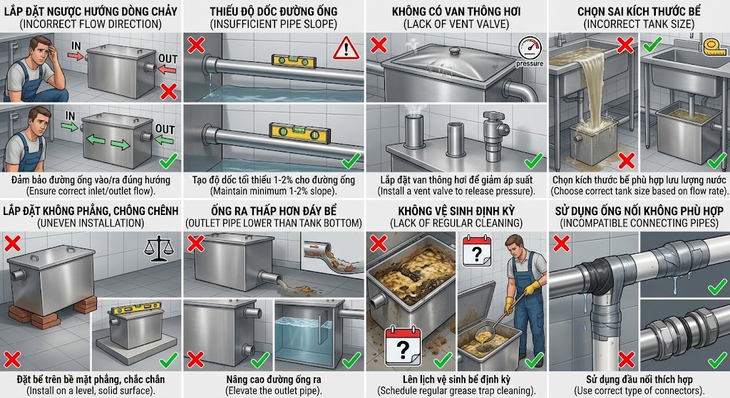 Những lỗi thường gặp khi lắp đặt bể tách mỡ inox
