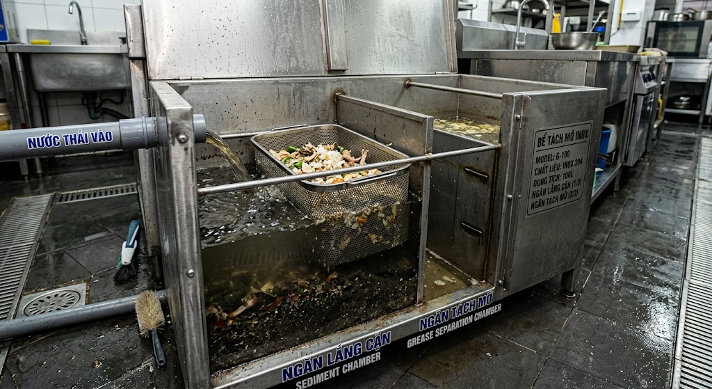 Ngăn lắng cặn của bể tách mỡ inox