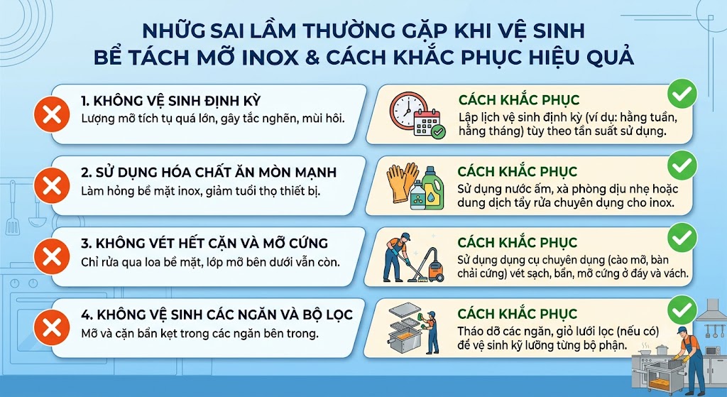 Những sai lầm thường gặp khi vệ sinh bể tách mỡ inox và cách khắc phục hiệu quả.
