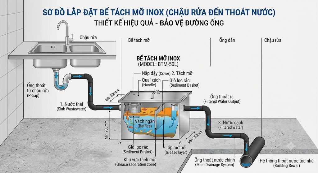Sơ đồ lắp đặt bể tách mỡ inox 