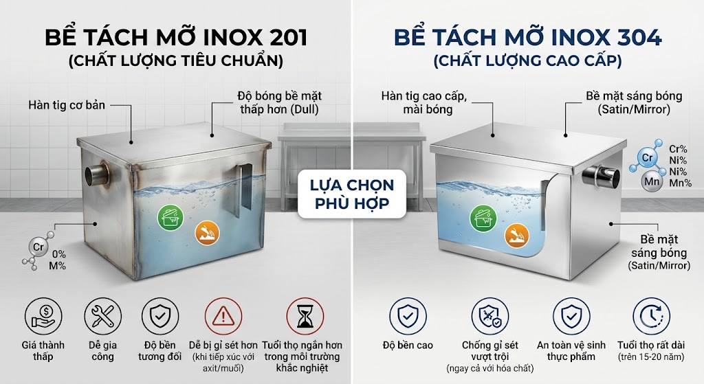 So sánh bể tách mỡ inox 201 và inox 304.