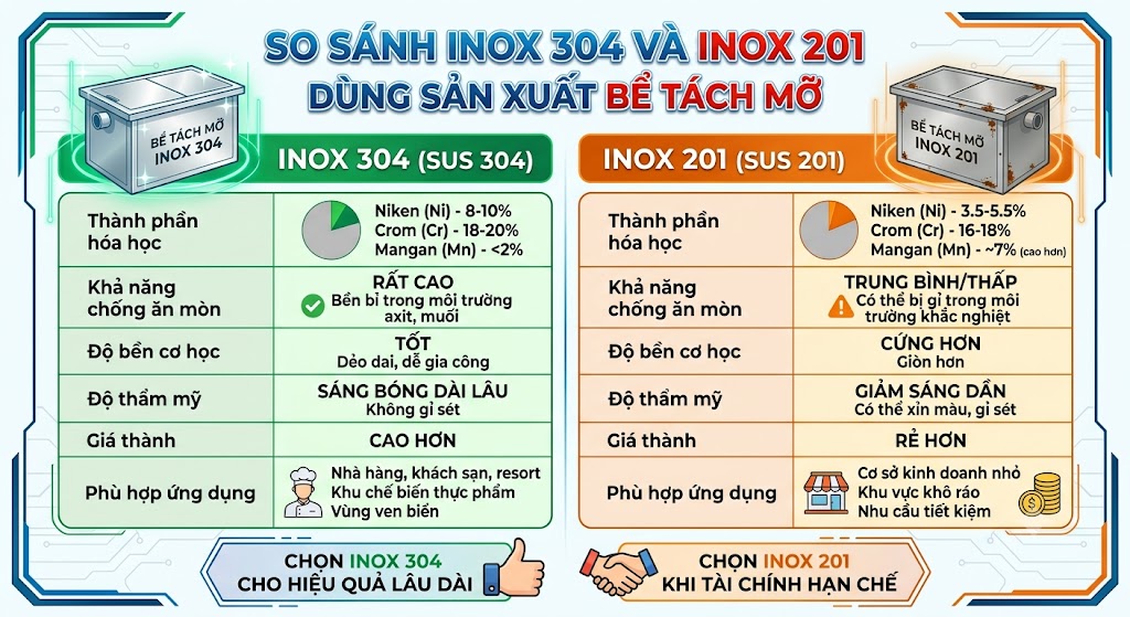 So sánh inox 304 và inox 201 dùng sản xuất bể tách mỡ