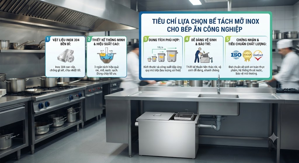 Tiêu chí lựa chọn bể tách mỡ inox cho bếp ăn công nghiệp.