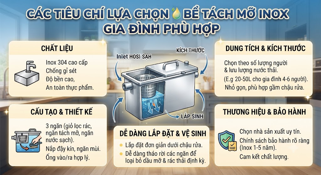 Các tiêu chí lựa chọn bể tách mỡ inox gia đình phù hợp.