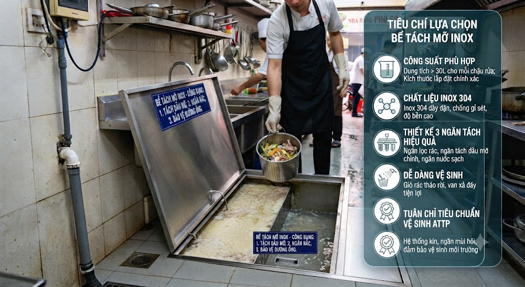 Tiêu chí lựa chọn bể tách mỡ inox cho nhà hàng phù hợp.