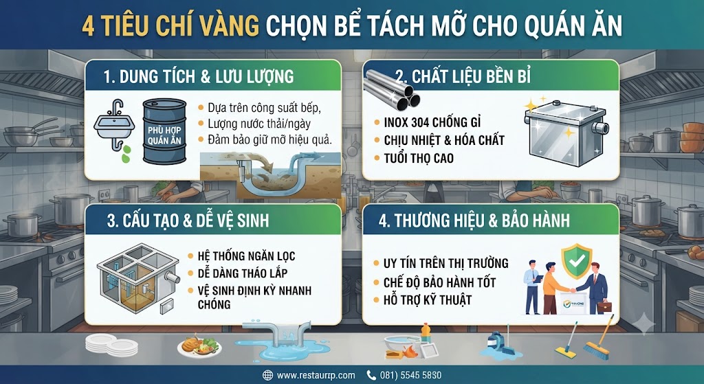 Tiêu chí lựa chọn bể tách mỡ inox cho quán ăn.