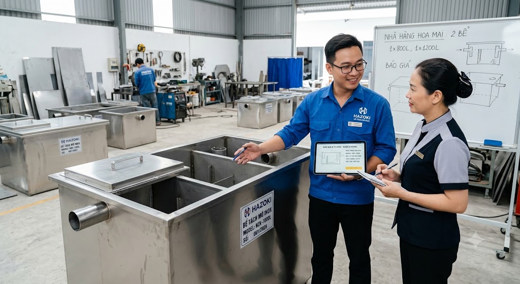 Hazoki tư vấn lựa chọn và báo giá bể tách mỡ inox theo nhu cầu thực tế.