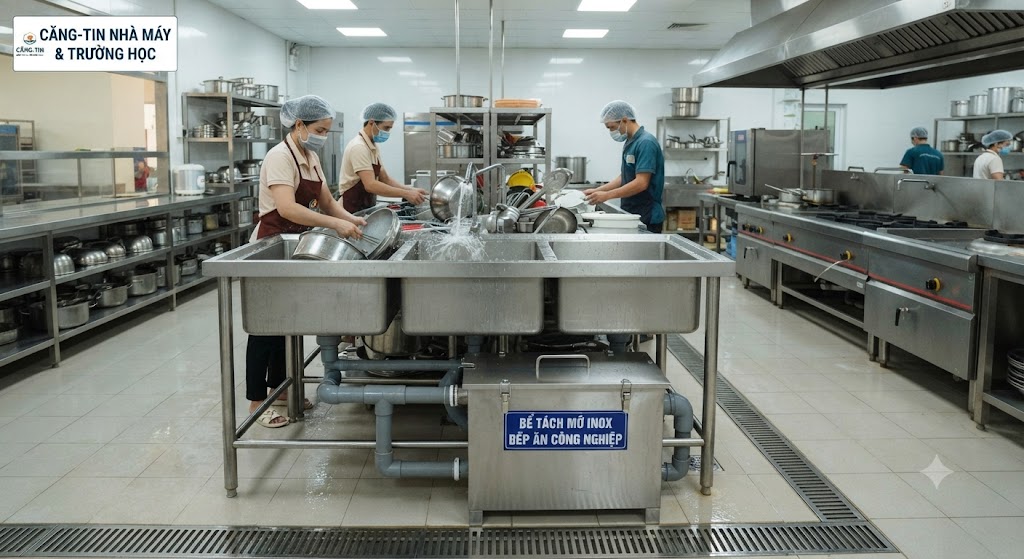 Ứng dụng bể tách mỡ inox cho bếp ăn công nghiệp tại nhà máy và trường học.