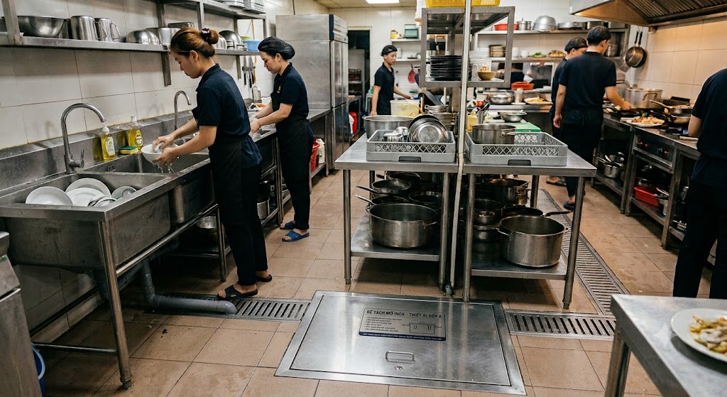 Ứng dụng bể tách mỡ inox tại khu bếp quán ăn.