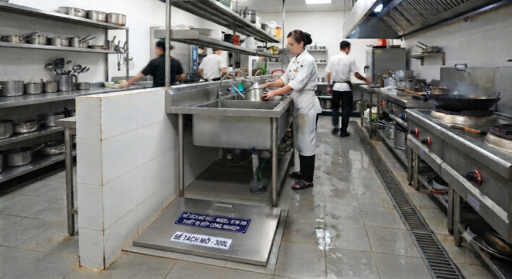 Bể tách mỡ inox lắp đặt tại khu bếp khách sạn.