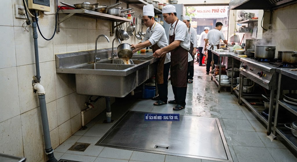 Ứng dụng bể tách mỡ inox cho nhà hàng tại khu bếp thương mại.