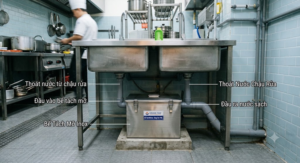 Vị trí lắp đặt bể tách mỡ inox
