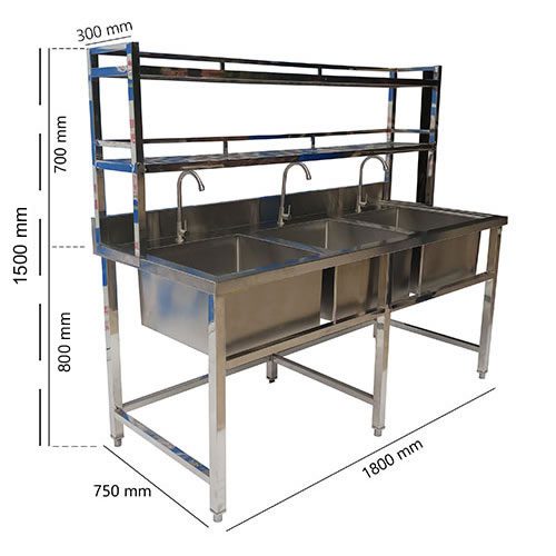 Chậu rửa công nghiệp 3 hố có kệ