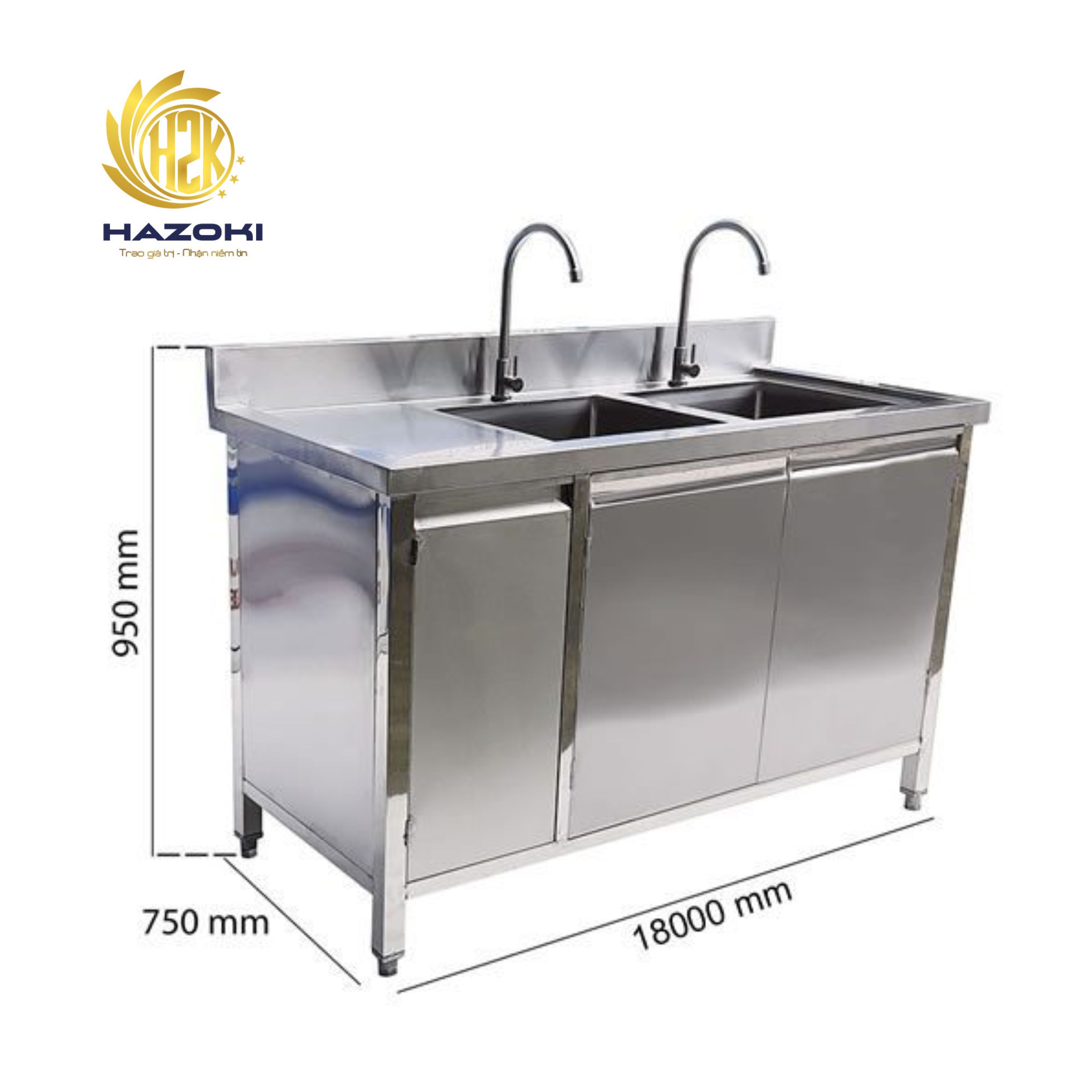 Tủ inox 2 bồn rửa dài 1800