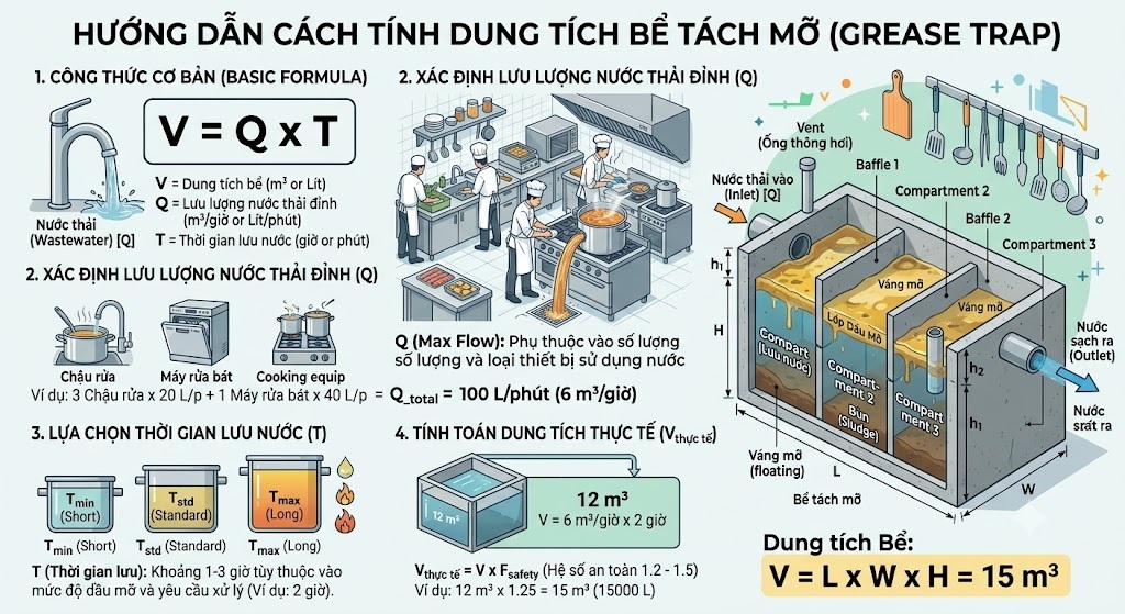Cách tính dung tích bể tách mỡ theo số suất ăn