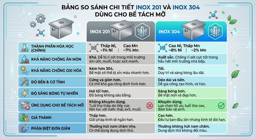 Bảng so sánh chi tiết inox 201 và inox 304 dùng cho bể tách mỡ.