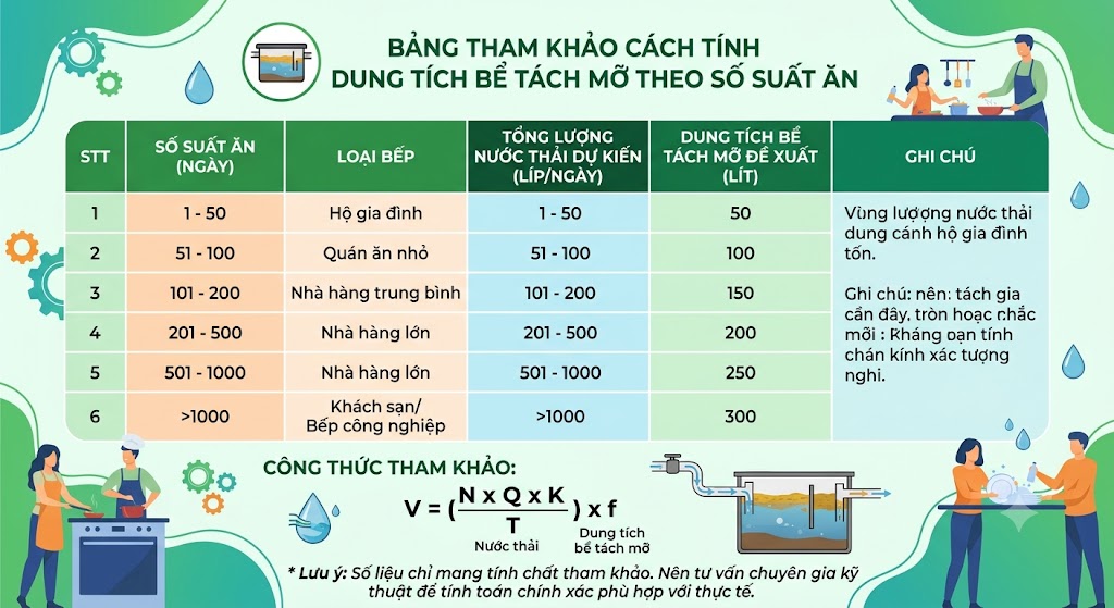 Bảng tham khảo cách tính dung tích bể tách mỡ theo số suất ăn