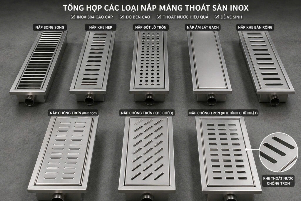 Các kiểu nắp máng thoát sàn inox phổ biến