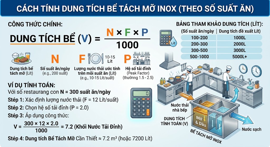 Cách tính dung tích bể tách mỡ theo số suất ăn