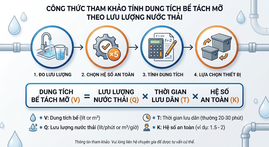 Công thức tham khảo tính dung tích bể tách mỡ