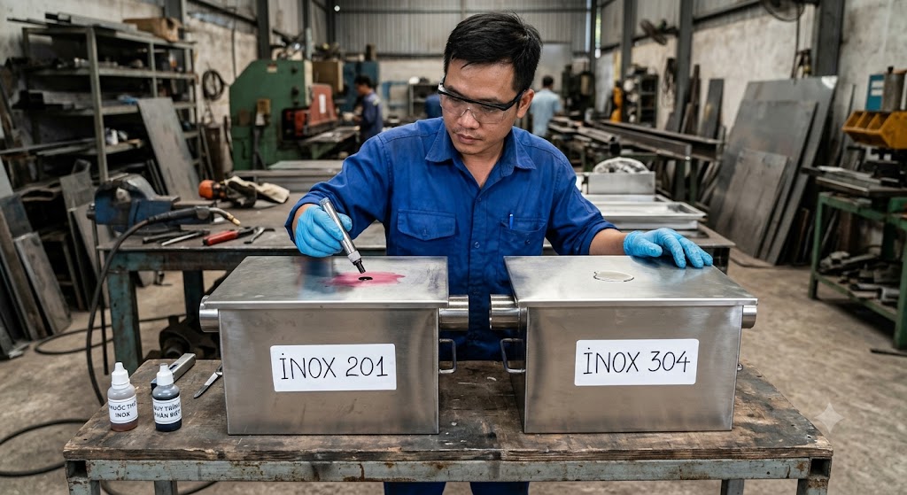 Phân biệt inox 201 và inox 304 trong sản xuất bể tách mỡ inox.