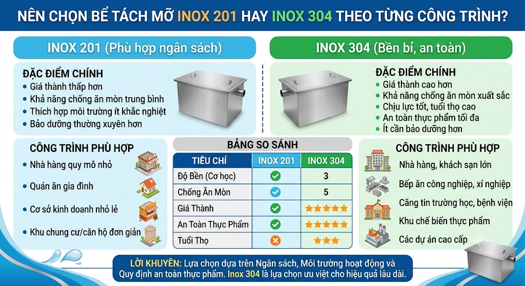 Nên chọn bể tách mỡ inox 201 hay inox 304 theo từng công trình.