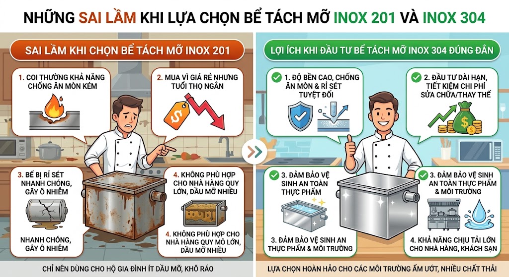 Những sai lầm khi lựa chọn bể tách mỡ inox 201 và inox 304.