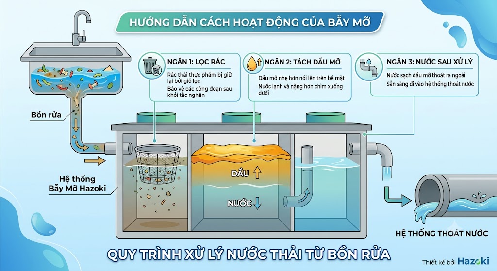 Sơ đồ nguyên lý hoạt động bể tách mỡ inox 3 ngăn