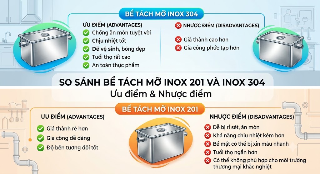 Ưu điểm và nhược điểm của bể tách mỡ inox 201 và inox 304.