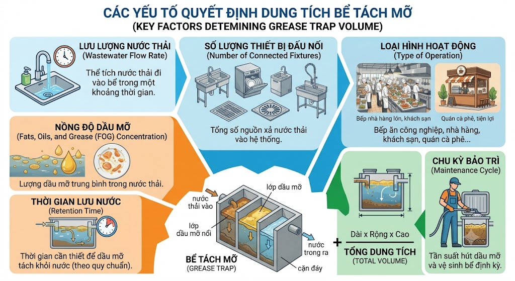 Các yếu tố ảnh hưởng đến việc lựa chọn dung tích bể tách mỡ
